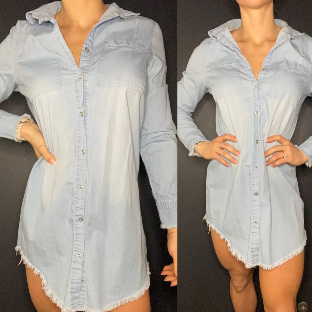 Fringed Long Sleeve Jean Button Up Dress
